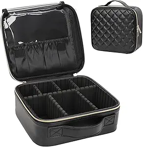 Photo 1 of Relavel Makeup Bag, Travel Cosmetic Train Case Organizer Portable Artist Storage Bag with Adjustable Dividers for Cosmetics Makeup Brushes Toiletry Jewelry Digital Accessories Quilted Leather Black