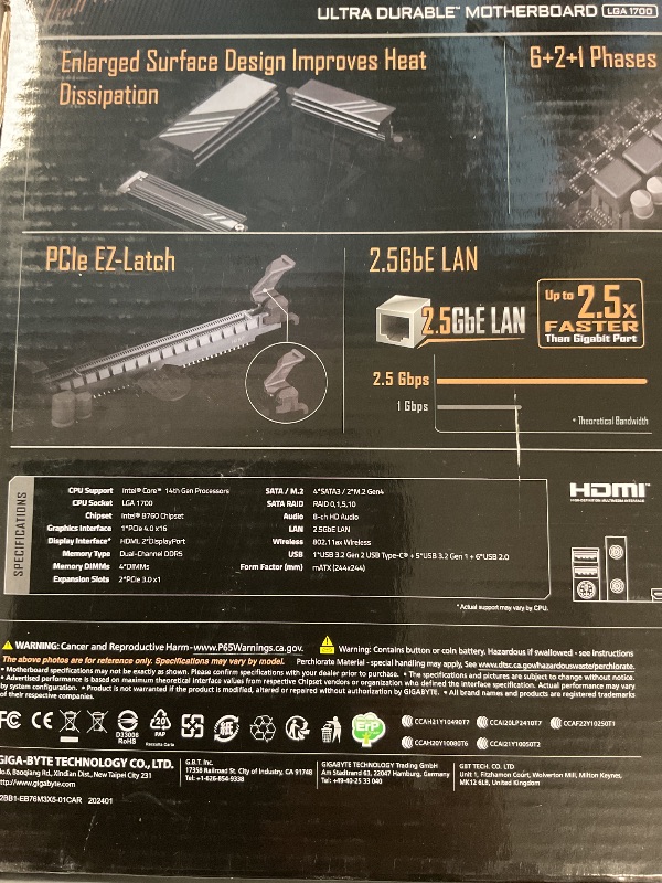 Photo 1 of GIGABYTE B760M DS3H AX (LGA 1700/ Intel/ B760/ M-ATX/ DDR5/ 2* M.2/ PCIe 4.0/ USB 3.2 Gen 2 Type-C/WiFi 6E/ 2.5GbE LAN/Q-Flash Plus/PCIe EZ-Latch/Motherboard)
