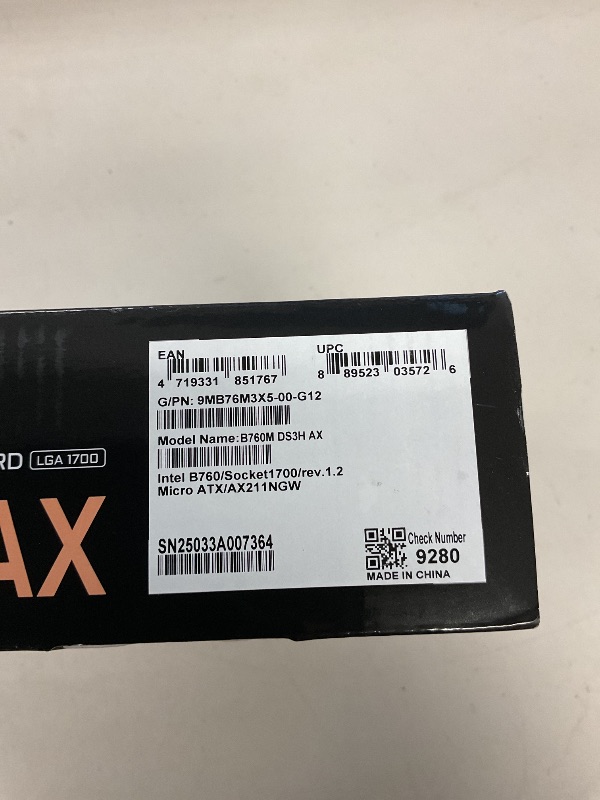 Photo 1 of GIGABYTE B760M DS3H AX (LGA 1700/ Intel/ B760/ M-ATX/ DDR5/ 2* M.2/ PCIe 4.0/ USB 3.2 Gen 2 Type-C/WiFi 6E/ 2.5GbE LAN/Q-Flash Plus/PCIe EZ-Latch/Motherboard)