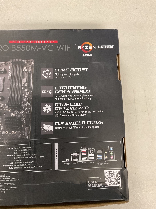 Photo 1 of MSI PRO B550M-VC WiFi ProSeries Motherboard (AMD Ryzen 5000 Series, AM4, DDR4, PCIe 4.0, SATA 6Gb/s, M.2, USB 3.2 Gen 2, HDMI/DP, Wi-Fi 6E, Bluetooth 5.2, mATX)