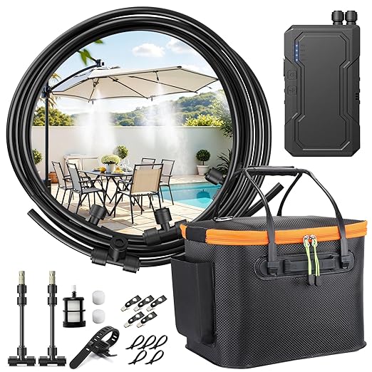 Photo 1 of Ausic Portable Misting Systems, Outdoor Water Cooling Misters Set with 6000mAh Water Pump, 20L Bucket, 26FT (8M) Hose, 6*Nozzles, 10*Clips/Ties for Patio/Umbrella/Pasture/Greenhouse/Canopy/Camping