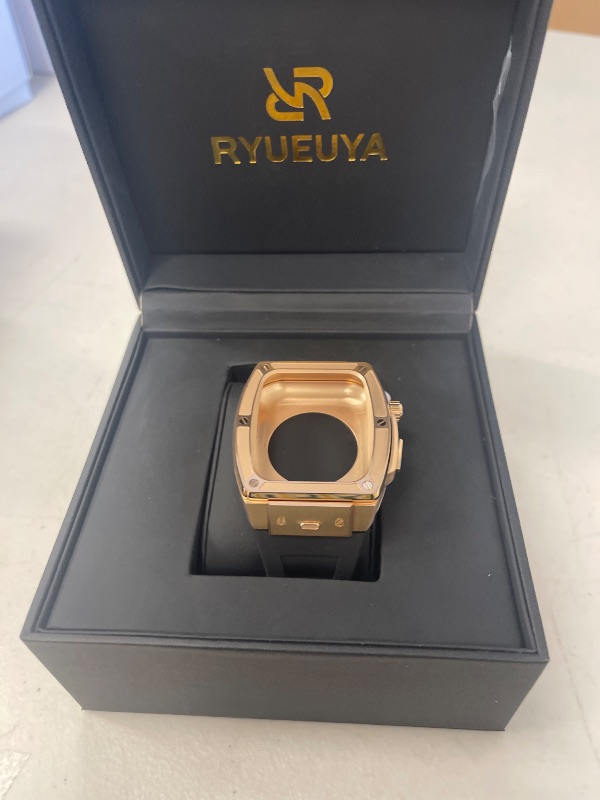 Photo 1 of RYUEUYA Luxury Stainless Steel Case Rubber Band for Apple Watch 44/45mm, Quick Release Replacement Leather Bands for Series 9/8/7/6/5/SE Iwatch,R-BR