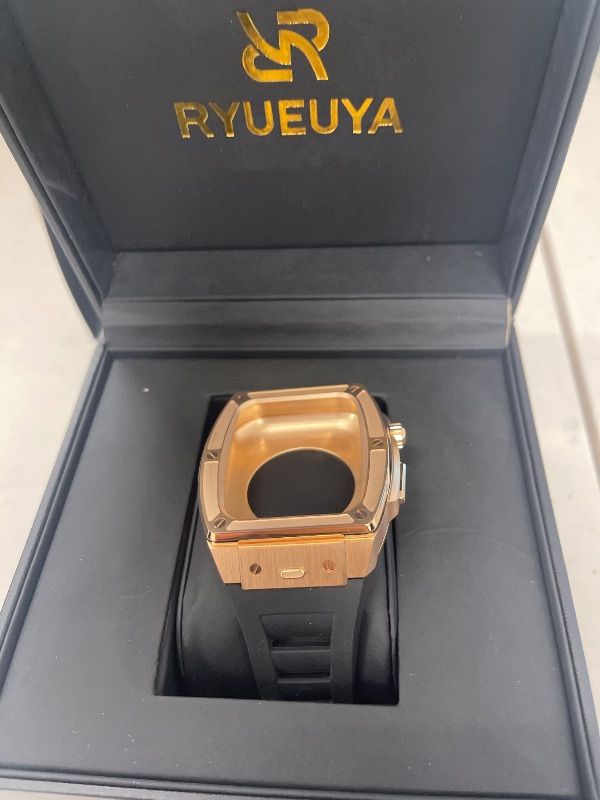 Photo 1 of RYUEUYA Luxury Stainless Steel Case Rubber Band for Apple Watch 44/45mm, Quick Release Replacement Leather Bands for Series 9/8/7/6/5/SE Iwatch,R-BR