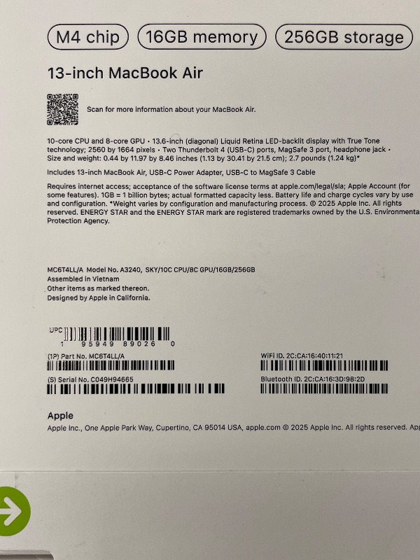 Photo 1 of Apple 2025 MacBook Air 13-inch Laptop with M4 chip: Built for Apple Intelligence, 13.6-inch Liquid Retina Display, 16GB Unified Memory, 256GB SSD Storage, 12MP Center Stage Camera, Touch ID; Sky Blue