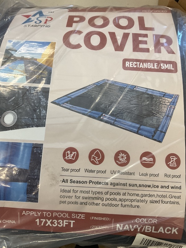 Photo 1 of STARPYNG-Pool Cover,Above Ground Pool Solar Cover, Underground Pool Cover Protector with Drawstring Design, Easy to Install (Pool Size:17X33FT,Cover Size:21X37FT, Rectangle, Navy/Black,Weave 7x7)