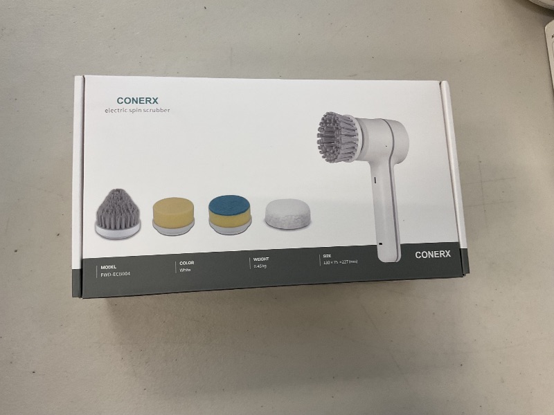 Photo 1 of CONERX Electric Spin Scrubber Cordless Power Cleaning Brush with 5 Replaceable Brush Heads Rechargeable Scrubber for Bathroom Tub Sink Kitchen Dishes Tile Window Floor Grout, White