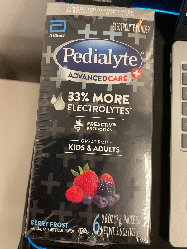 Photo 1 of Pedialyte AdvancedCare Plus Electrolyte Powder, Has 33% More Electrolytes and PreActiv Prebiotics, Berry Frost, 18 Powder Packets