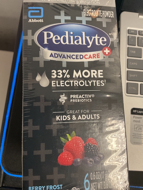 Photo 1 of Pedialyte AdvancedCare Plus Electrolyte Powder, Has 33% More Electrolytes and PreActiv Prebiotics, Berry Frost, 18 Powder Packets