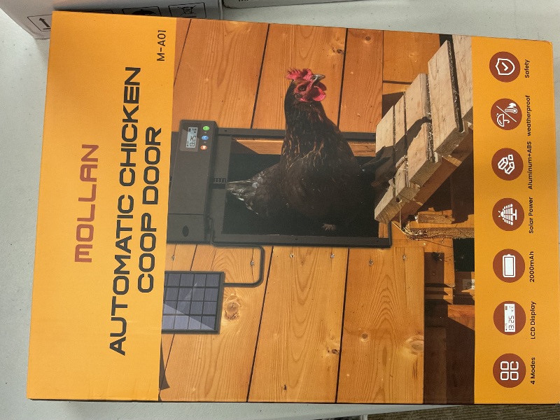 Photo 1 of Automatic Chicken Coop Door Solar Powered, Mollan Automatic Chicken Door Opener with LCD Screen, Multi-Modes, Waterproof Auto Electric Chicken Door with Timer, Light Sensor, Fit for Home and Farm