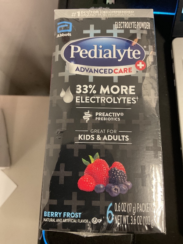 Photo 1 of Pedialyte AdvancedCare Plus Electrolyte Powder, Has 33% More Electrolytes and PreActiv Prebiotics, Berry Frost, 18 Powder Packets