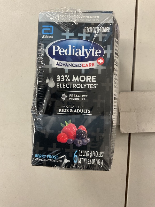 Photo 1 of Pedialyte AdvancedCare Plus Electrolyte Powder, Has 33% More Electrolytes and PreActiv Prebiotics, Berry Frost, 18 Powder Packets