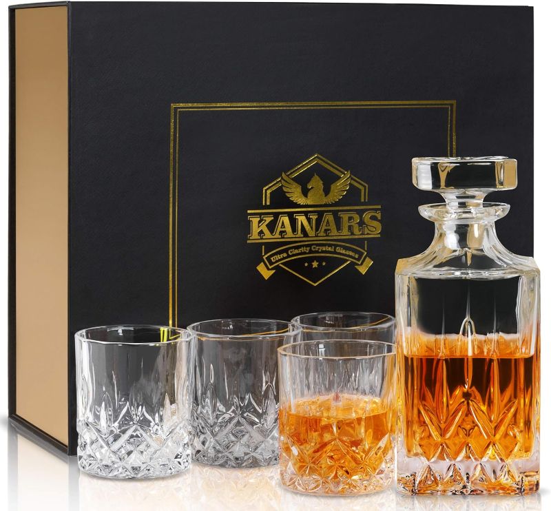 Photo 1 of KANARS Whiskey Decanter And Glasses Set in Unique Gift Box - Original Crystal Liquor Decanter Set For Bourbon, Scotch, Vodka, Rum or Whisky, 5-Piece, Gifts for Men Dad