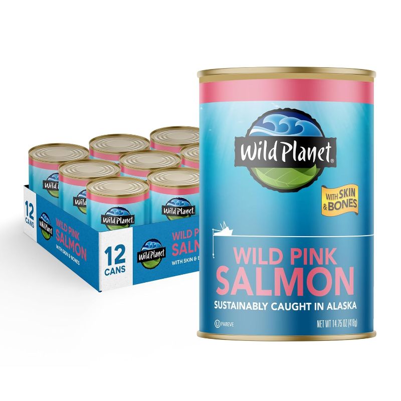 Photo 1 of Wild Planet Wild Pink Salmon With Skin and Bones, Tinned Fish, Canned Salmon, Sustainably Wild-Caught, Non-GMO, Kosher, Gluten Free, Keto and Paleo, 14.75 Ounce (Pack of 12)