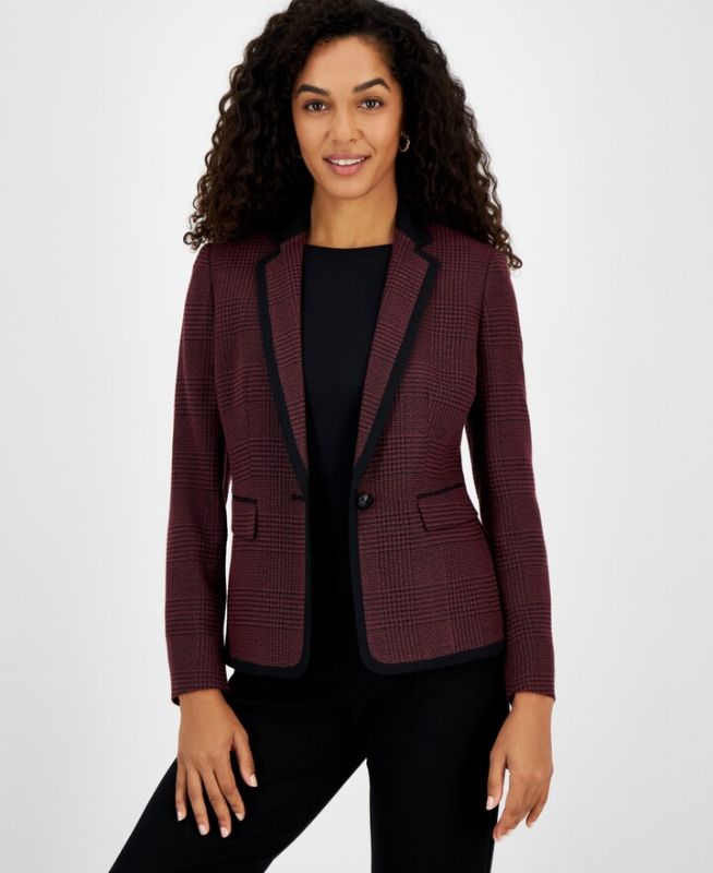 Photo 1 of Kasper Women's Plaid ONE Bttn Framed Notch Collar Jacke, Shiraz/Black