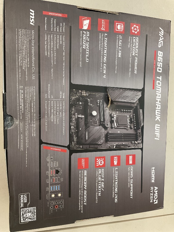 Photo 1 of MSI MAG B650 Tomahawk WiFi Gaming Motherboard (AMD Ryzen 9000/8000/7000 Series Processors, AM5, DDR5, PCIe 4.0, M.2, SATA 6Gb/s, USB 3.2 Gen 2, HDMI/DP, Wi-Fi 6E, Bluetooth 5.3, 2.5Gbps LAN, ATX)