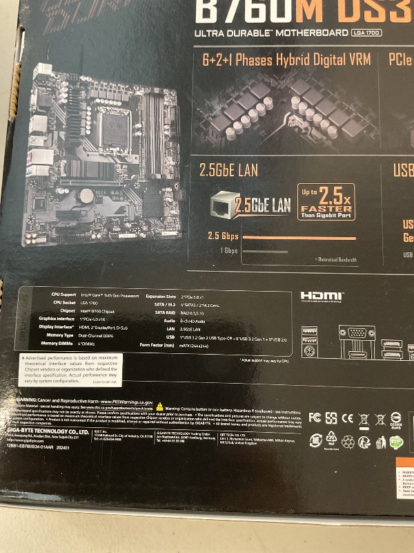 Photo 1 of GIGABYTE B760M DS3H DDR4 (LGA 1700/ Intel/ B760/ M-ATX/ DDR4/ Dual M.2/ PCIe 4.0/ USB 3.2 Gen 2 Type-C/ 2.5GbE LAN/Q-Flash Plus/PCIe EZ-Latch/Gaming Motherboard)