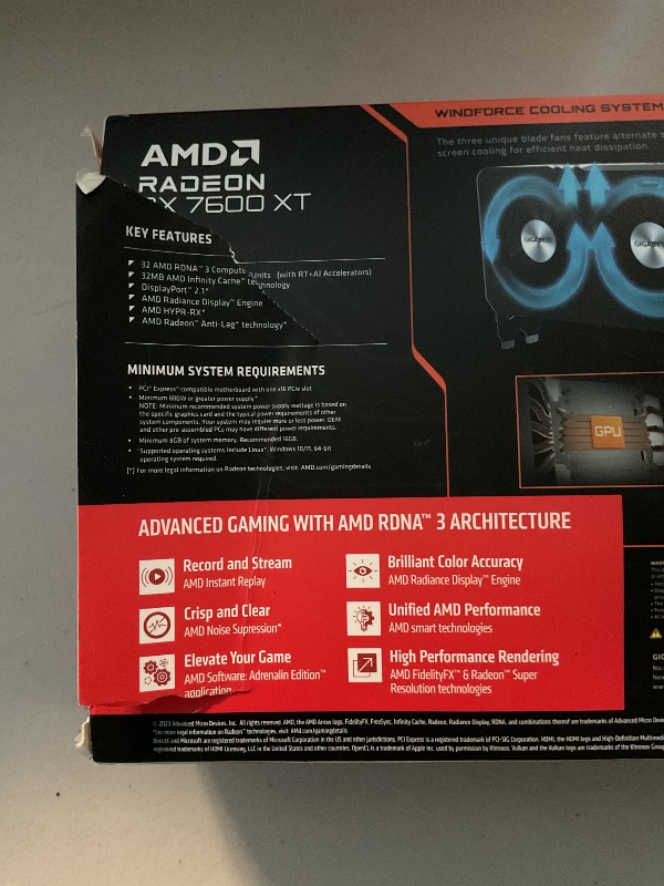 Photo 1 of GIGABYTE Radeon RX 7600 XT Gaming OC 16G Graphics Card, 3X WINDFORCE Fans 16GB 128-bit GDDR6, GV-R76XTGAMING OC-16GD Video Card