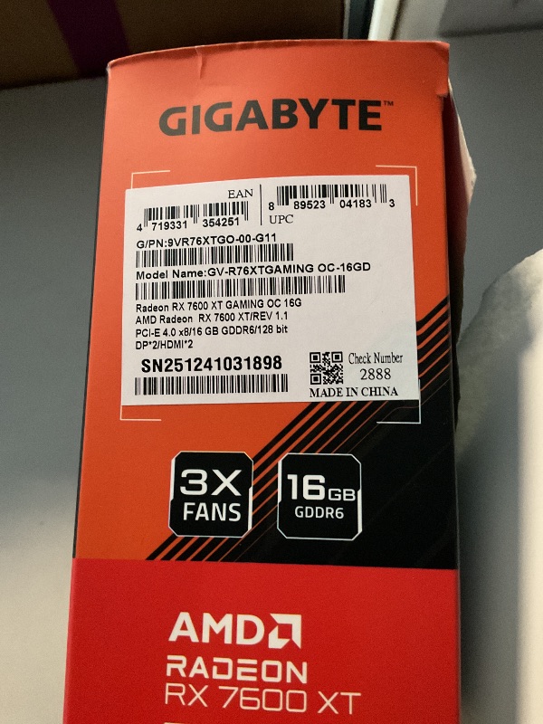 Photo 1 of GIGABYTE Radeon RX 7600 XT Gaming OC 16G Graphics Card, 3X WINDFORCE Fans 16GB 128-bit GDDR6, GV-R76XTGAMING OC-16GD Video Card