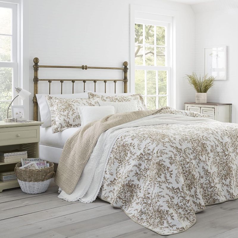 Photo 1 of Laura Ashley - King Quilt Set, Reversible Cotton Bedding with Matching Shams, Home Decor for All Seasons (Bedford Mocha, King)