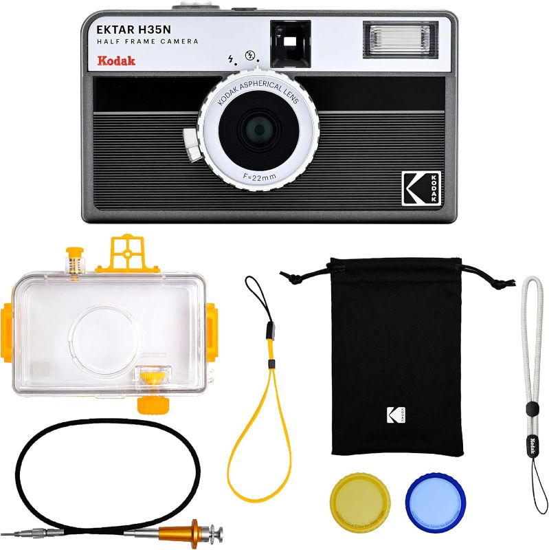 Photo 1 of KODAK EKTAR H35N Half Frame Film Camera, 35mm, Reusable, Focus-Free, Bulb Function, Built-in Star Filter, Coated Improved Lens (Film & AAA Battery are not Included) (Striped Black, Premium Kit)