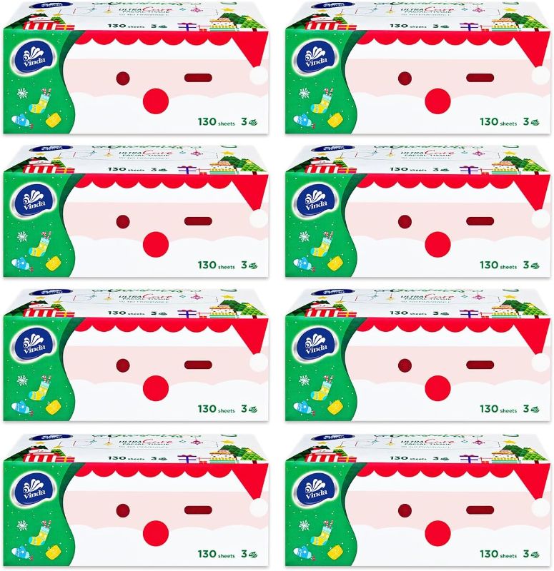 Photo 1 of 3-Ply Premium Soft Facial Tissues, Ultra Care for Sensitive Skin, 130 Tissues per Box, 8 Flat Boxes – Strong, Gentle & Ideal for Home or Office Use