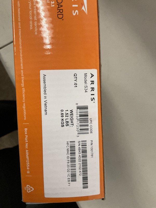 Photo 1 of ARRIS (S34) - Cable Modem - Fast DOCSIS 3.1 Multi-Gigabit Cable Modem, for Comcast Xfinity, Cox, Spectrum & More, 2.5 Gbps Max Internet Speeds, 2 Year Warranty - (No Built-in WiFi)