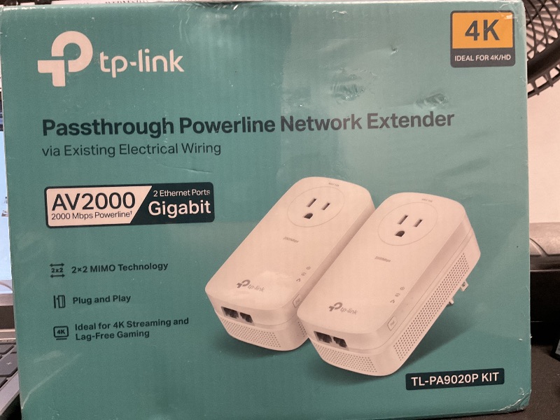 Photo 1 of TP-Link AV2000 Powerline Ethernet Adapter TL-PA9020P KIT - Powerline Network Adapter w/ Passthrough, Noise Filter, 2x2 MIMO, 2 Gigabit Ports, Ethernet Over Power, Plug Pair & Play, Power Saving Mode