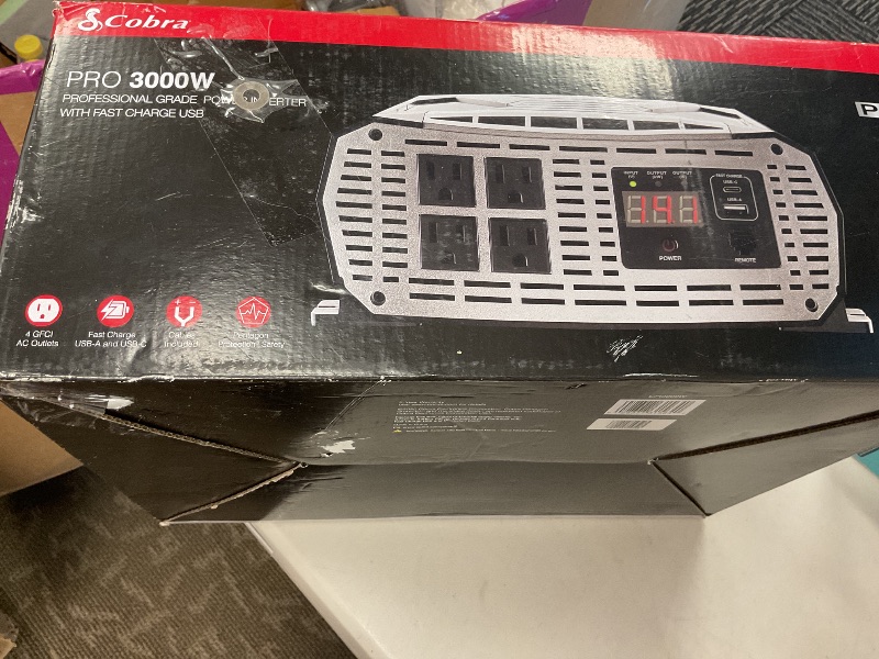 Photo 1 of Cobra PRO 3000W Professional Grade Power Inverter, Portable – 3000-Watt Car Charger, 4 Grounded AC Outlets, 2 Fast Charge USB Ports and Remote Controller (CPIALCDG1) Included