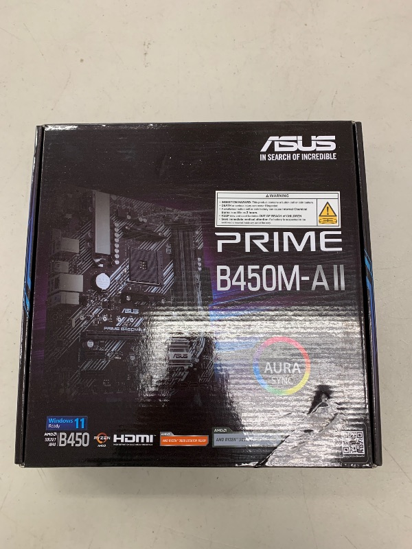 Photo 1 of ASUS Prime B450M-A II AMD AM4 (Ryzen 5000, 3rd/2nd/1st Gen Ryzen Micro ATX Motherboard (128GB DDR4, 4400 O.C.), NVMe, HDMI 2.0b/DVI/D-Sub, USB 3.2 2, BIOS Flashback, and Aura Sync)