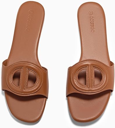Photo 1 of Coutgo Womens Dressy Flat Sandals Open Toe Slip on Leather Summer Beach Slide Sandals