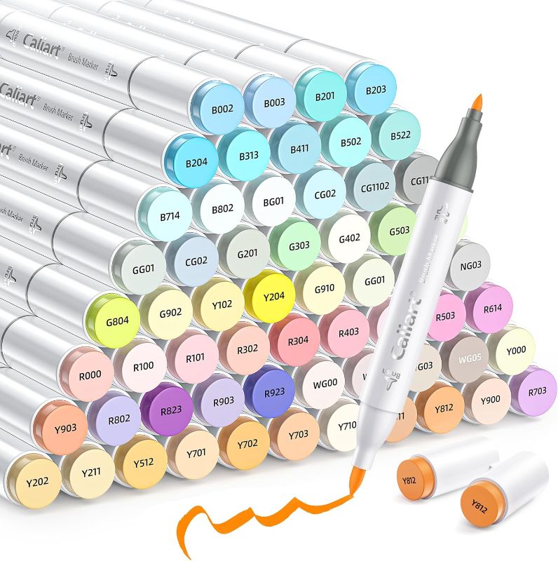 Photo 1 of Caliart 61 Colors Brush & Fine Permanent Alcohol Markers, Dual Tip Artist Sketch Art Markers Set for Adult Coloring Book, Aesthetic Cute School Supplies, Pens for Drawing Coloring Illustrations
