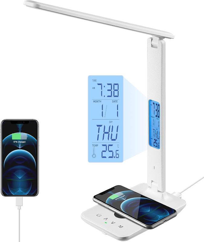 Photo 1 of poukaran LED Desk Lamp with Wireless Charger, USB Charging Port, Office Table Lamp with Clock, Alarm, Date, Temperature for Home Office, White
