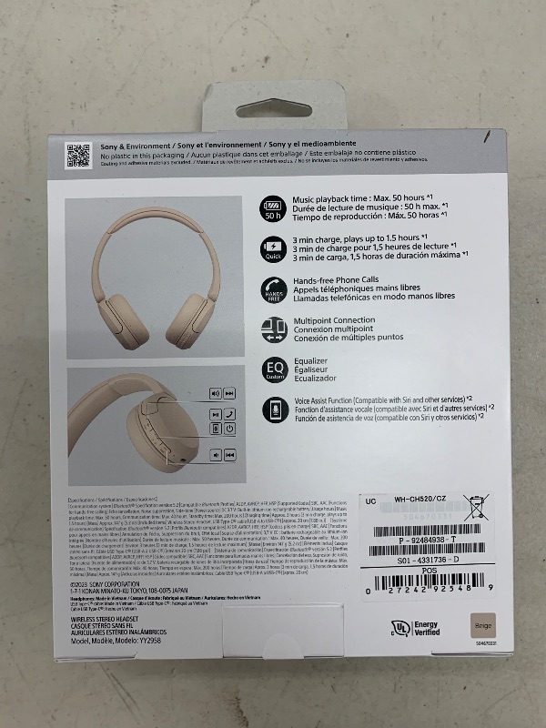 Photo 1 of Sony WH-CH520 Best Wireless Bluetooth On-Ear Headphones with Microphone for Calls and Voice Control, Up to 50 Hours Battery Life with Quick Charge Function, Includes USB-C Charging Cable - Beige