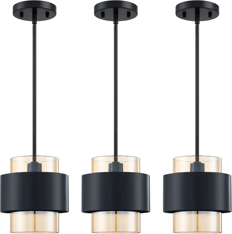 Photo 1 of 3 Pack 1 Light Hanging Rod Kitchen Island Pendant Light Modern Industrial Farmhouse 6" Hand Blown Amber Glass Black Finish Sink Restaurant bar Corridor
