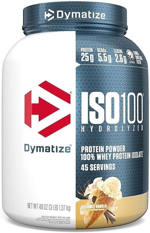 Photo 1 of EXP 08/2025 Dymatize ISO100 Whey Protein Powder Isolate, Vanilla, 25g of Protein, 3 Pound, 5.5g BCAAs, Less Than 120 Cal., Gluten Free, 1g Fat, 1g Sugar, 2g Carb
