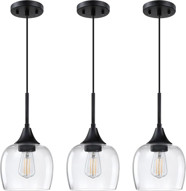Photo 1 of 3 Pack Single Hanging Indoor Kitchen Island Pendant Ceiling Light Fixture,6.1" Clear Drum Glass Shade Black Finish Modern Farmhouse Dinning Over Sink

