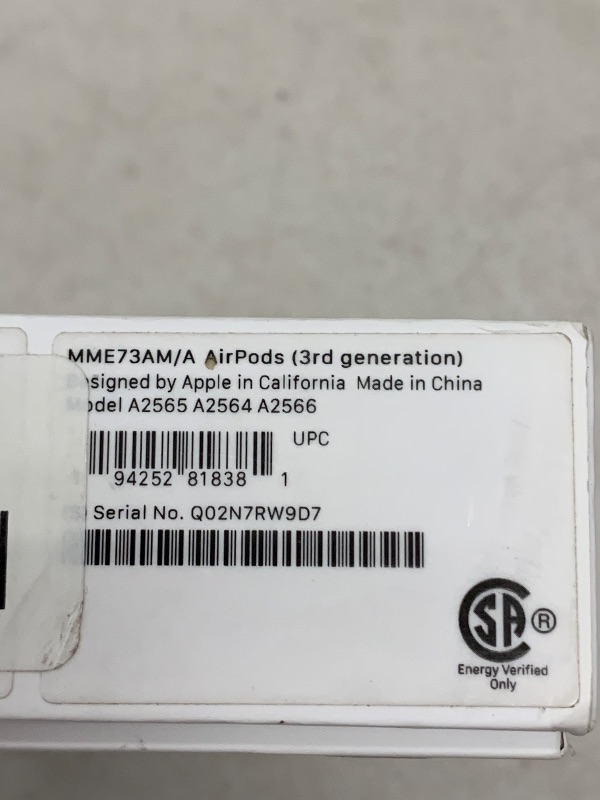 Photo 1 of Apple AirPods (3rd Generation) Wireless Earbuds with MagSafe Charging Case. Spatial Audio, Sweat and Water Resistant, Up to 30 Hours of Battery Life. Bluetooth Headphones for iPhone