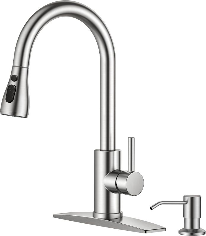 Photo 1 of FORIOUS Kitchen Faucet with Soap Dispenser, Brushed Nickel, Single Handle Stainless Steel Transitional Sink Faucet with Pull Down Sprayer 1 or 3 Hole, Suitable for Farmhouse Laundry Camper RV Bar
