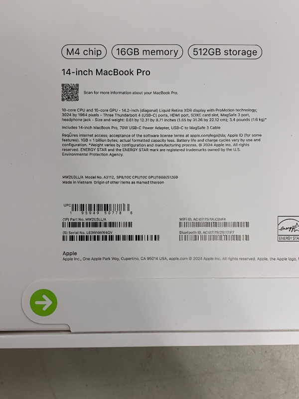 Photo 1 of Apple 2024 MacBook Pro Laptop with M4 chip with 10?core CPU and 10?core GPU: Built for Apple Intelligence, 14.2-inch Liquid Retina XDR Display, 16GB Unified Memory, 512GB SSD Storage; Space Black