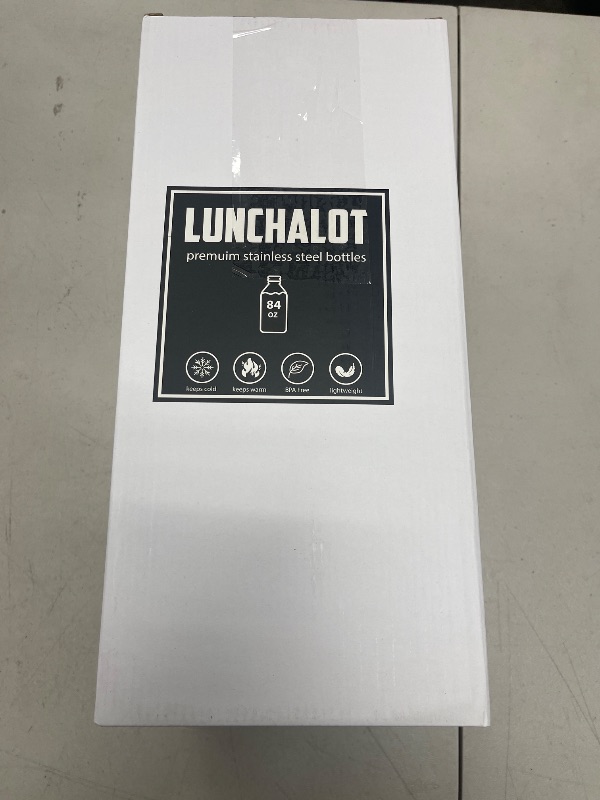 Photo 1 of LUNCHALOT Half Gallon Water Bottle Jug - 84 Oz Insulated Stainless Steel Metal Water Jug with Holder - Carrying Bag - Spout Handle - Straw Lids - Keep Cold & Hot - White Tactical Flask
