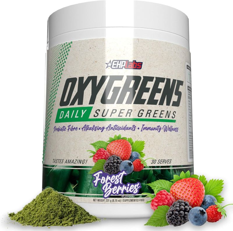 Photo 1 of EHP Labs OxyGreens Super Greens Powder – Daily Greens & Superfood Supplement with Spirulina, Chlorella, Prebiotics, Digestive Enzymes, Antioxidants – 30 Servings (Forest Berries)
