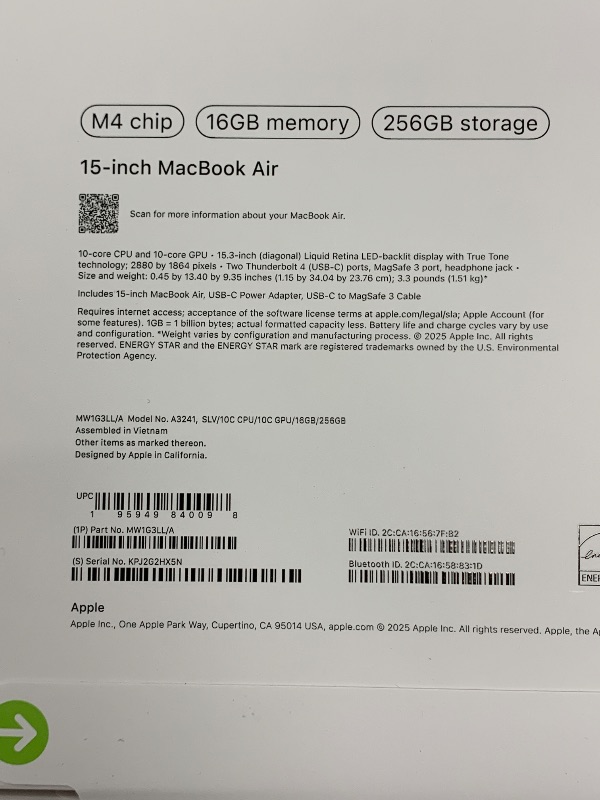 Photo 1 of Apple 2025 MacBook Air 15-inch Laptop with M4 chip: Built for Apple Intelligence, 15.3-inch Liquid Retina Display, 16GB Unified Memory, 256GB SSD Storage, 12MP Center Stage Camera, Touch ID; Silver