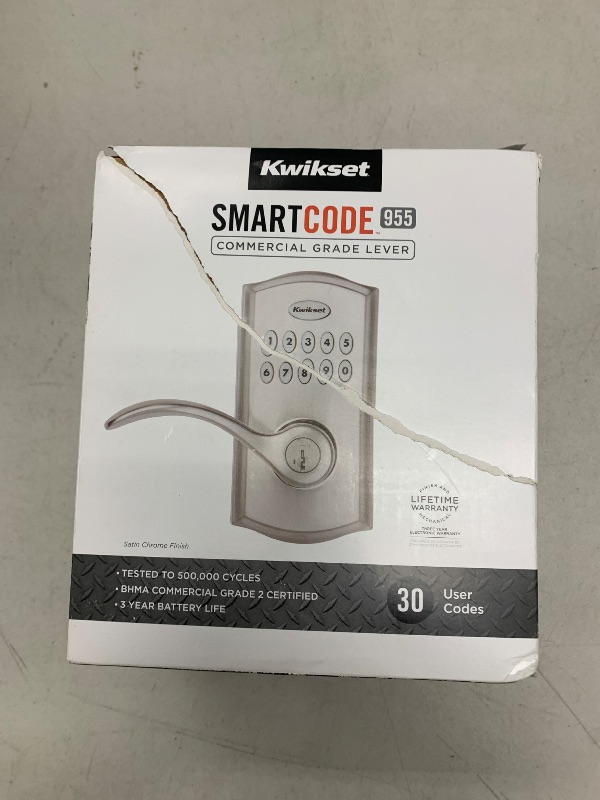 Photo 1 of Kwikset SmartCode 955 Pembroke Light Commercial 10-Button Keypad Electronic Lever, Featuring Convenient Keyless Entry, 3-Year Batter Life and High Traffic Durability Satin Chrome