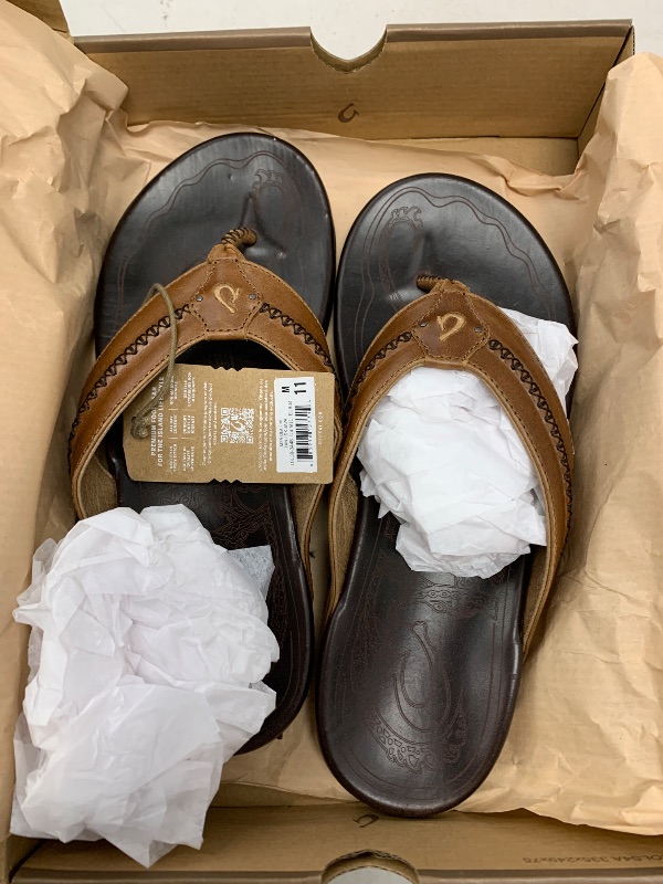 Photo 1 of OLUKAI Mea Ola Men's Leather Beach Sandals, Soft & Durable Flip Flops, Arch Support & Comfort Fit, Enhanced Grip & Traction, Tan/Dark Java, 11