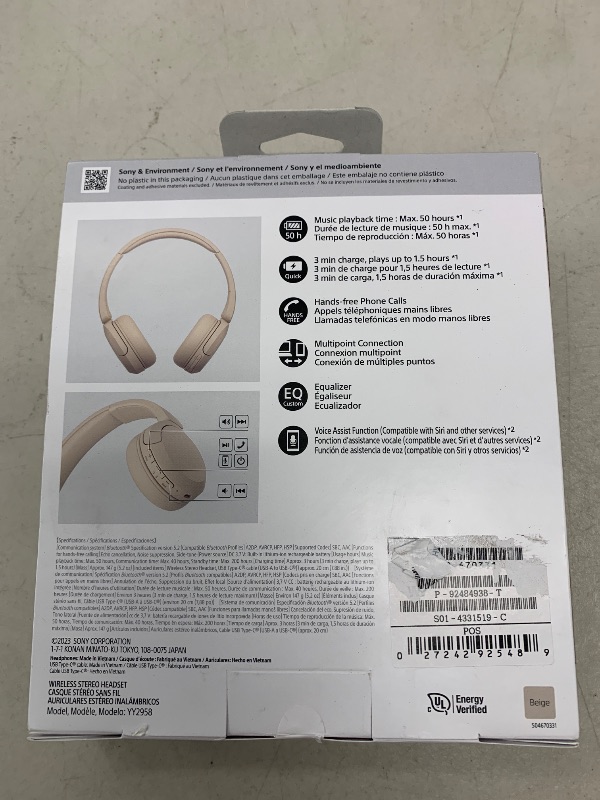 Photo 1 of Sony WH-CH520 Best Wireless Bluetooth On-Ear Headphones with Microphone for Calls and Voice Control, Up to 50 Hours Battery Life with Quick Charge Function, Includes USB-C Charging Cable - Beige