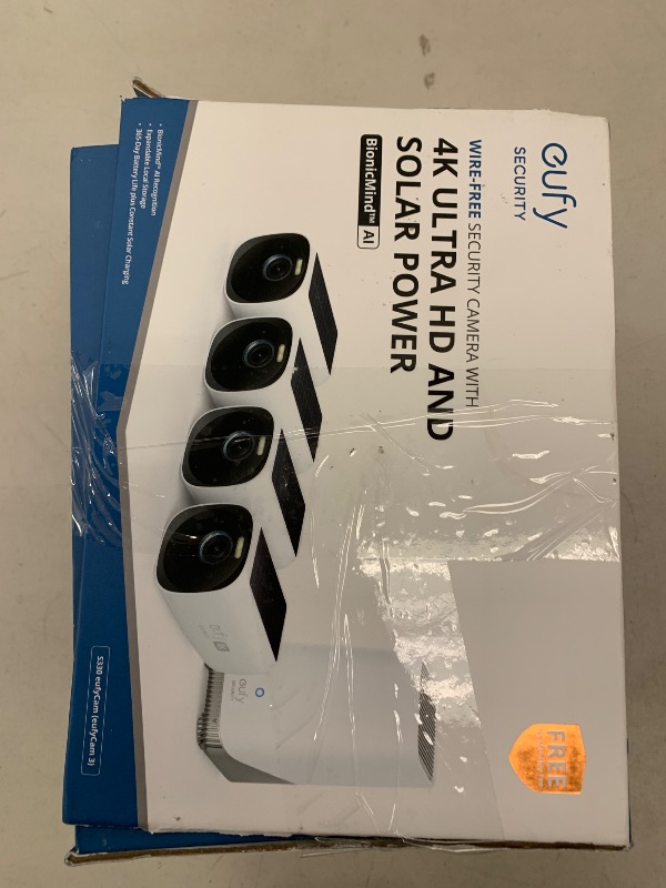 Photo 1 of eufy Security eufyCam 3 4-Cam Kit,Security Camera Outdoor Wireless,4K Camera with Integrated Solar Panel, Forever Power,Face Recognition AI,Expandable Local Storage,Spotlight, 2.4 GHz Wi-Fi(Renewed)