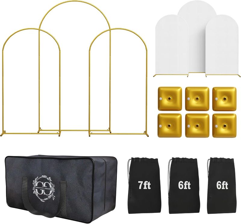 Photo 1 of Metal Arch Backdrop Stand and Cover Set – 3 Gold Frames (7.2ft, 6ft x2) with White Wrinkle-Free Spandex Covers, Water Weights, Bags & Case – Wedding, Birthday, Baby Shower, Party Decor
