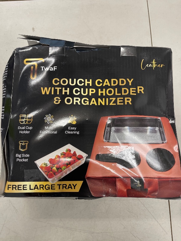Photo 1 of couch caddy with cup holder, couch cup holder, FREE TRAY, bed and sofa caddy organizer, storage, tray for drinks, snacks, remotes, phones, couch caddy tray for car, beach, picnic, Non-Slip Base