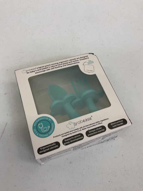 Photo 1 of Grabease Baby Feeding Utensils - Anti-Choke Collar & Toddler Fork for Ages 1-3 - Easy-Grip Curved Handle Infant Spoon - Dishwasher-Safe Convenience & Baby Cutlery - Teal