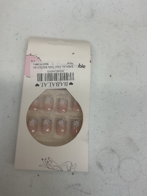 Photo 1 of BABALAL Press on Nails Short Square Fake Nails White Glitter Glue on Nails Bling Acrylic Nails 24Pcs Squoval Stick on Nails Full over Artificial Nails